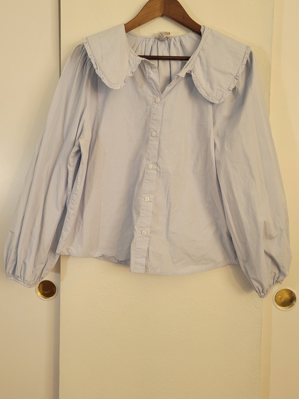 a new day Soft Blue Ruffle Collar Button-Front Blouse
